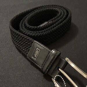 GREG NORMAN(?) MENS BLACK WEB BELT SIZE 40 SILVER BUCKLE LEATHER TABS CLEAN